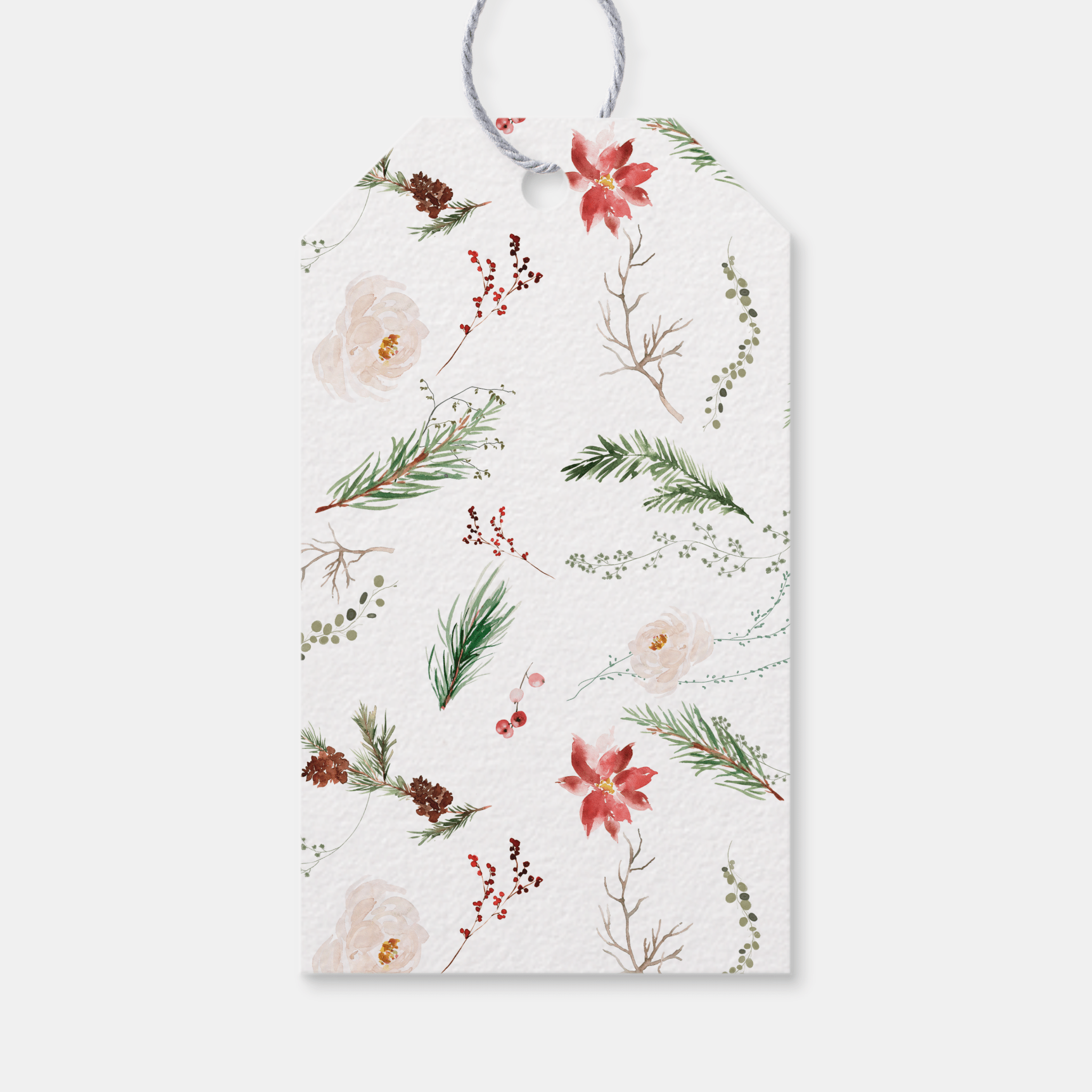 Decorative christmas tag with floral and botanical design on a white background