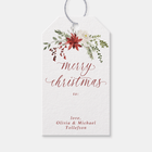 Elegant personalizedwatercolor Christmas gift tag with “Merry Christmas” script and red berries design.