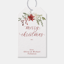 Elegant personalizedwatercolor Christmas gift tag with “Merry Christmas” script and red berries design.