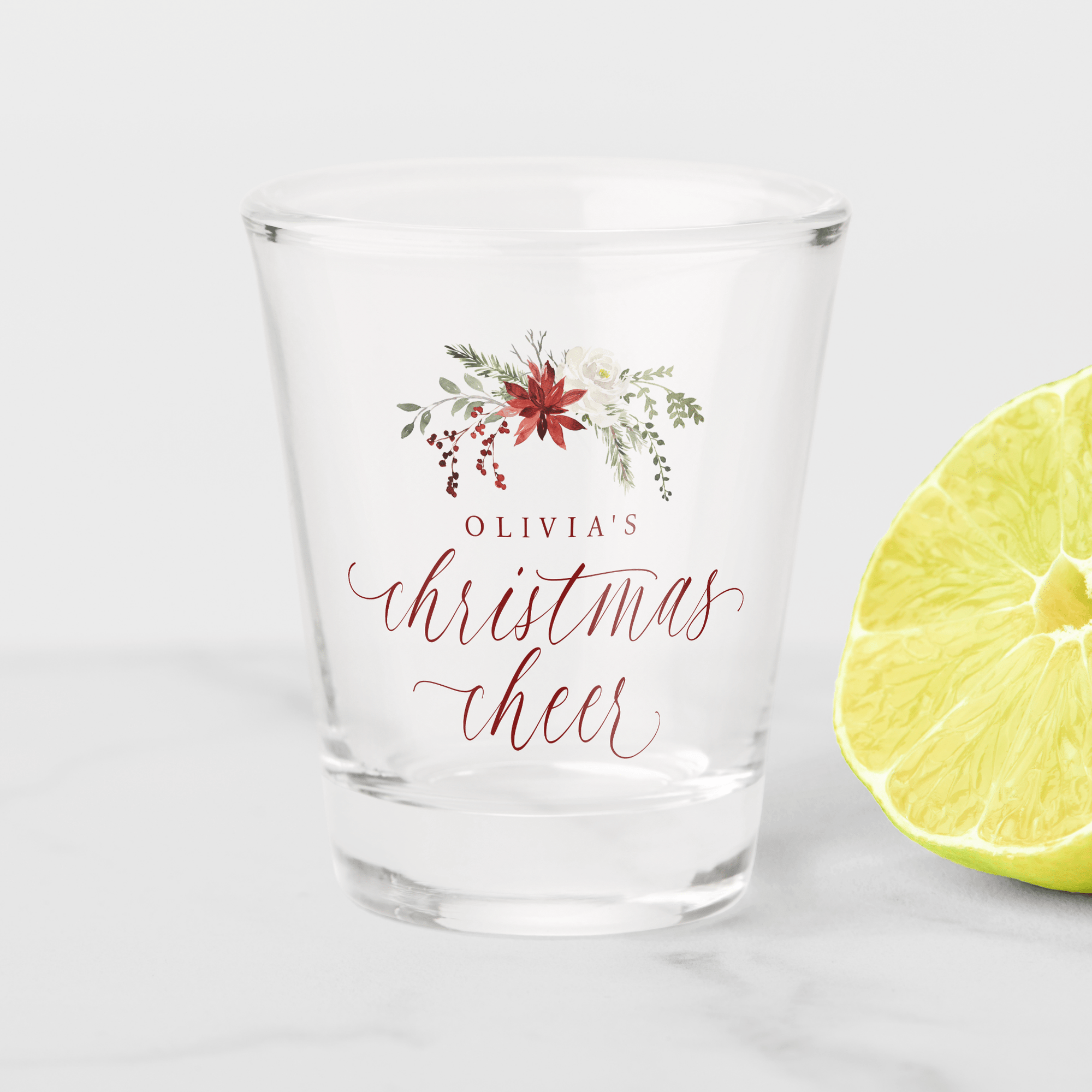 Elegant personalized Christmas shot glass with “Christmas Cheer” script and watercolor greenery.