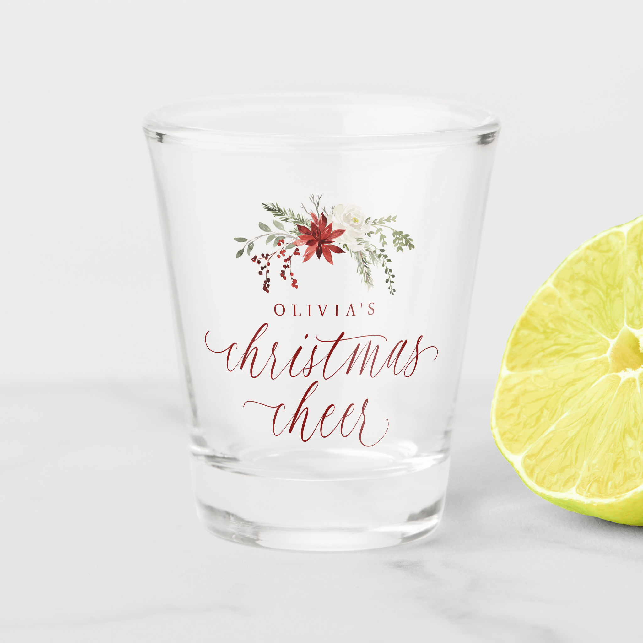 Elegant personalized Christmas shot glass with “Christmas Cheer” script and watercolor greenery.