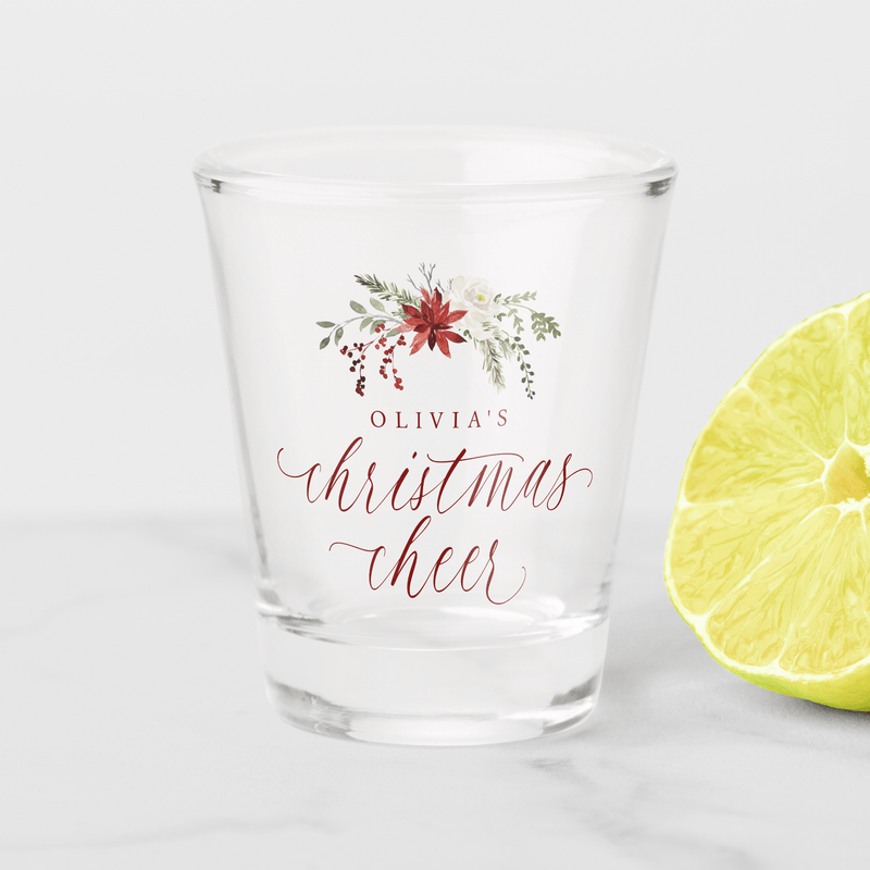 Elegant personalized Christmas shot glass with “Christmas Cheer” script and watercolor greenery.