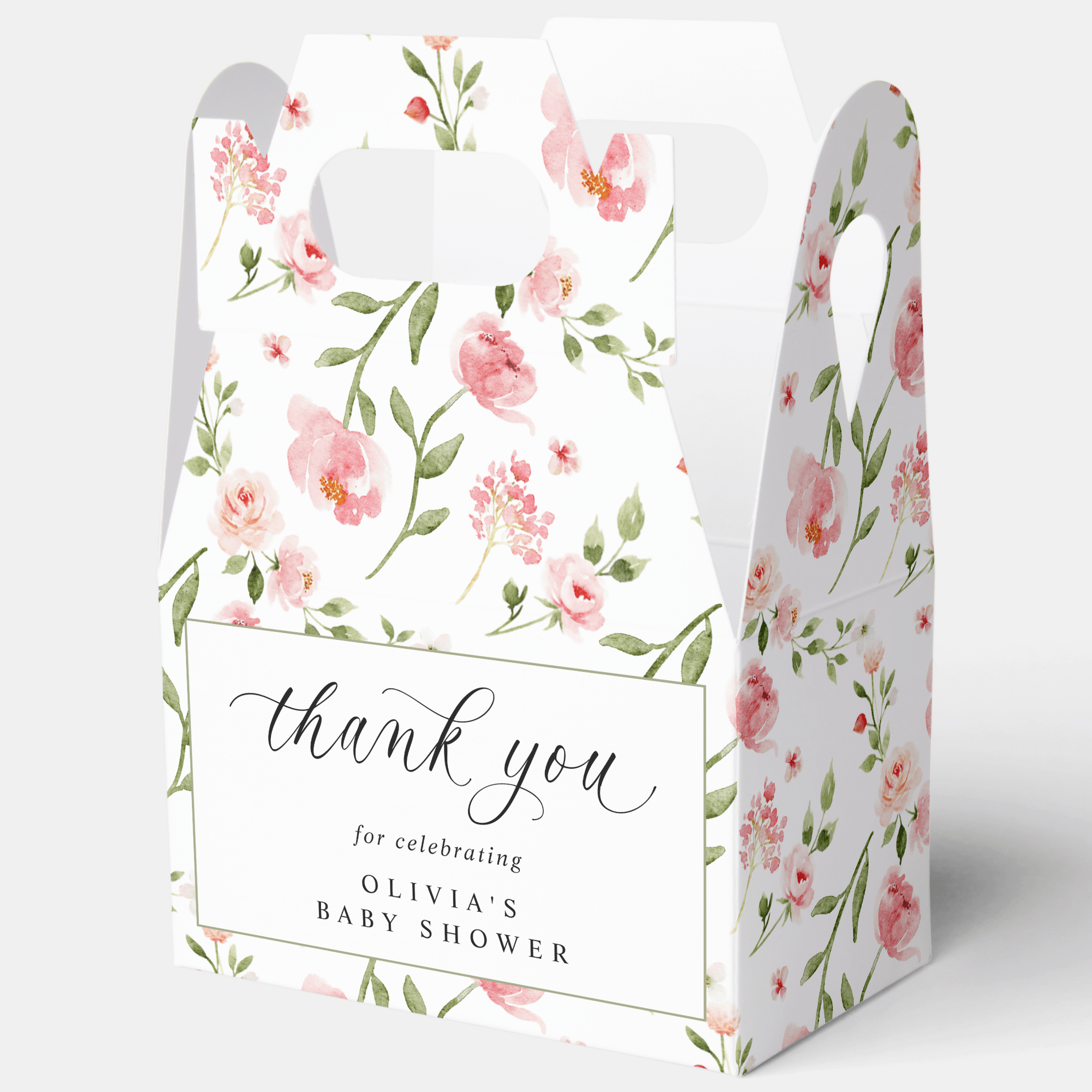 Floral-themed baby shower favor box with 'thank you' message