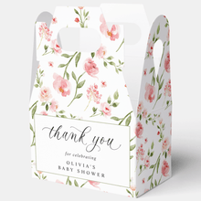 Floral-themed baby shower favor box with 'thank you' message