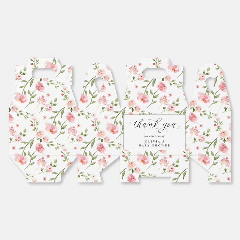 Floral baby shower favor boxes with 'thank you' text on a white background