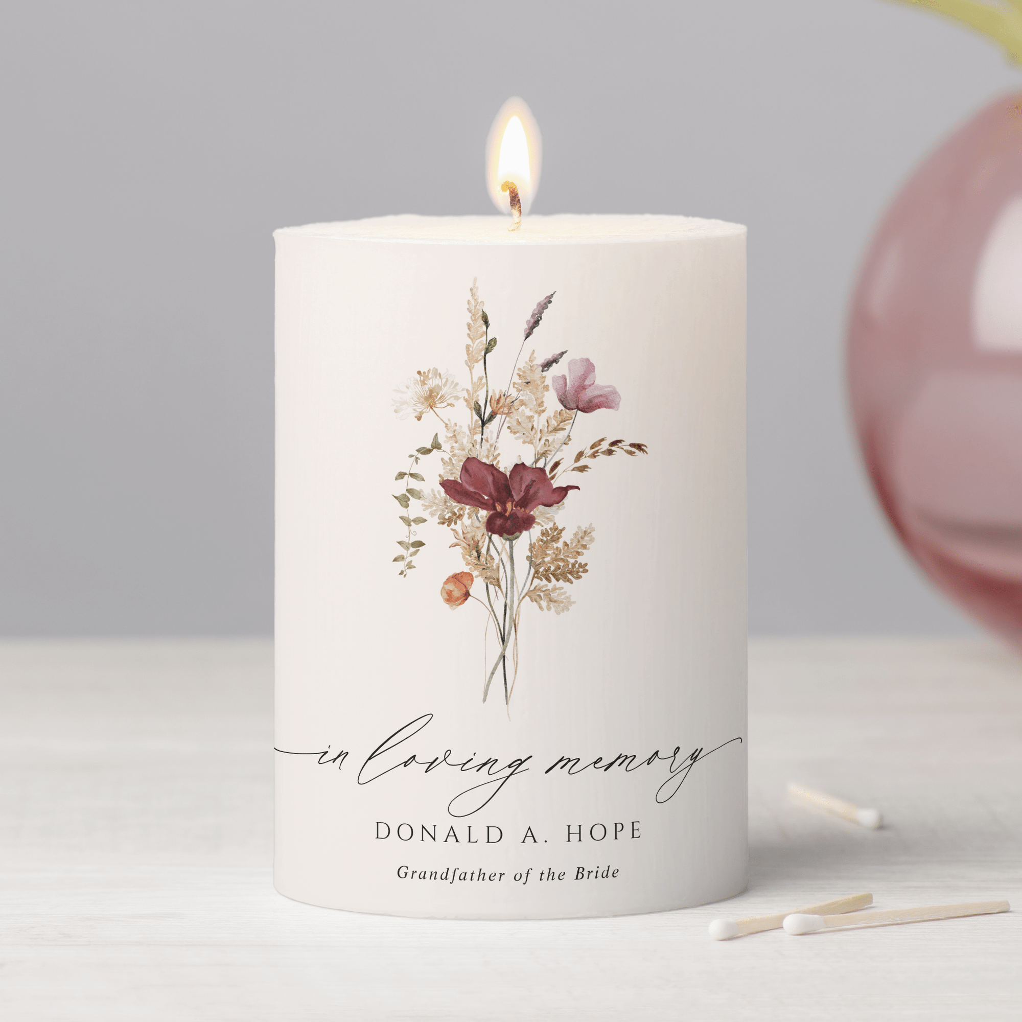 wedding memorial candle with boho wildflower design in loving memory
