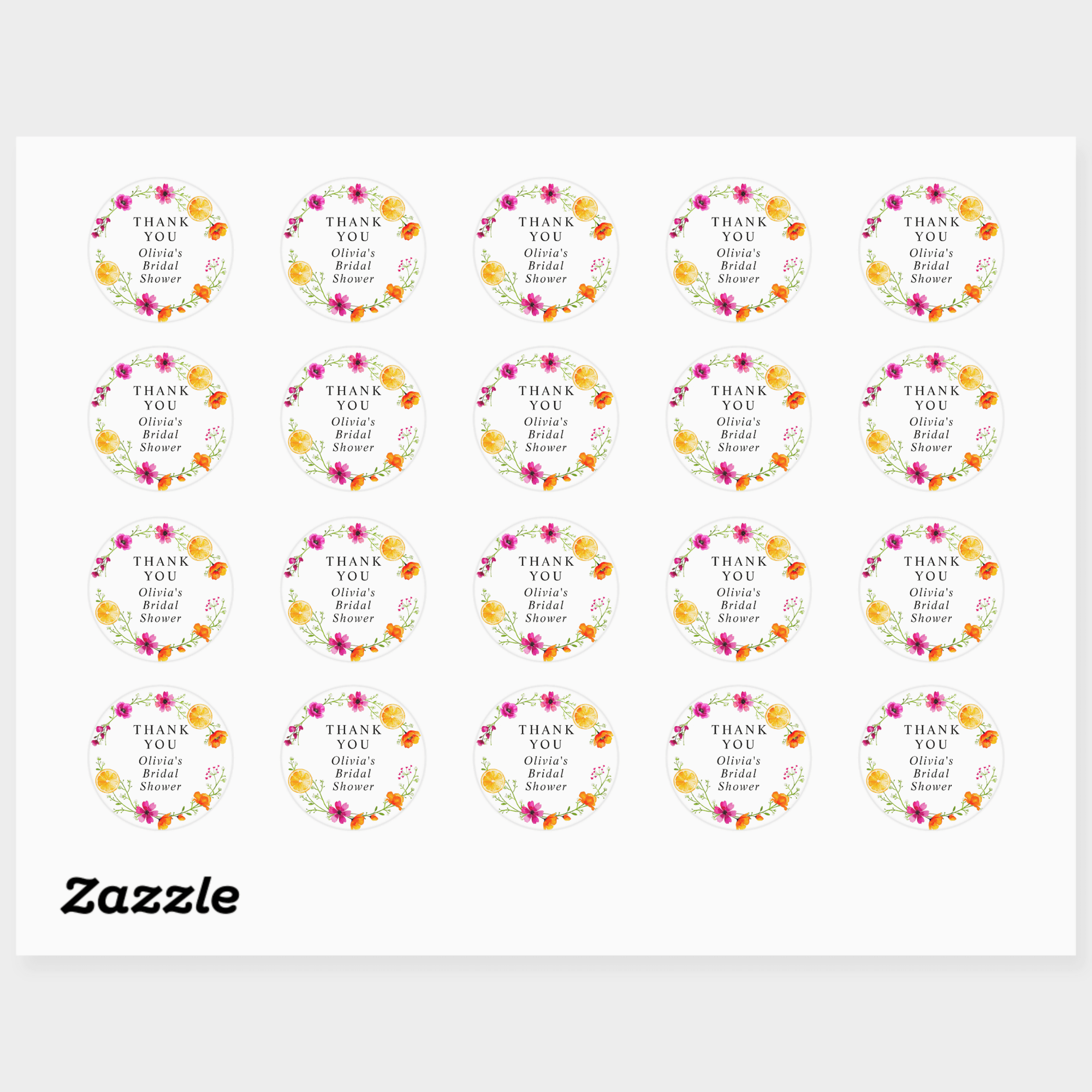 Bridal Shower Favors Stickers | Bright Pink & Orange Citrus