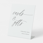 Freestanding “Cards & Gifts” wedding sign in romantic calligraphy, displayed on a reception table.