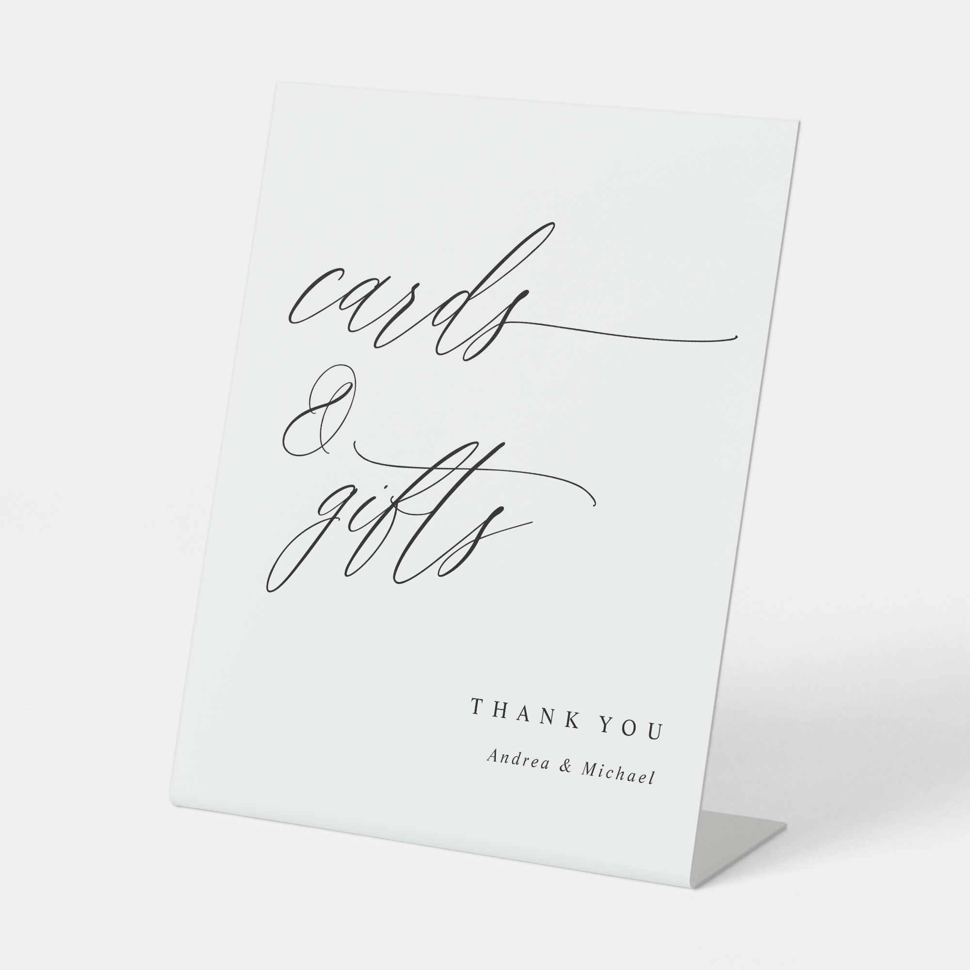 Freestanding “Cards & Gifts” wedding sign in romantic calligraphy, displayed on a reception table.