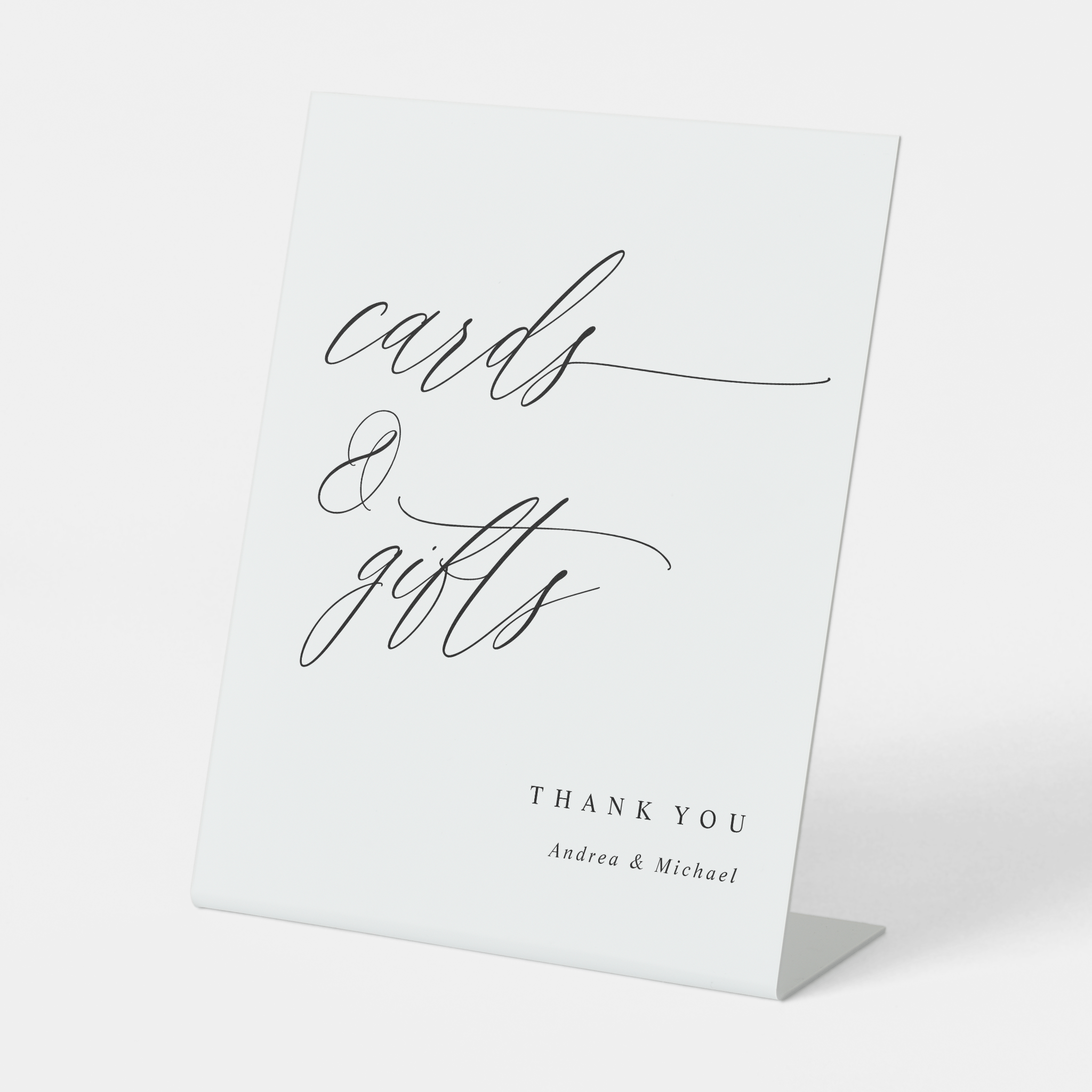 Freestanding “Cards & Gifts” wedding sign in romantic calligraphy, displayed on a reception table.
