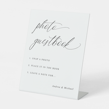 Photo guestbook standing sign with text on a white background