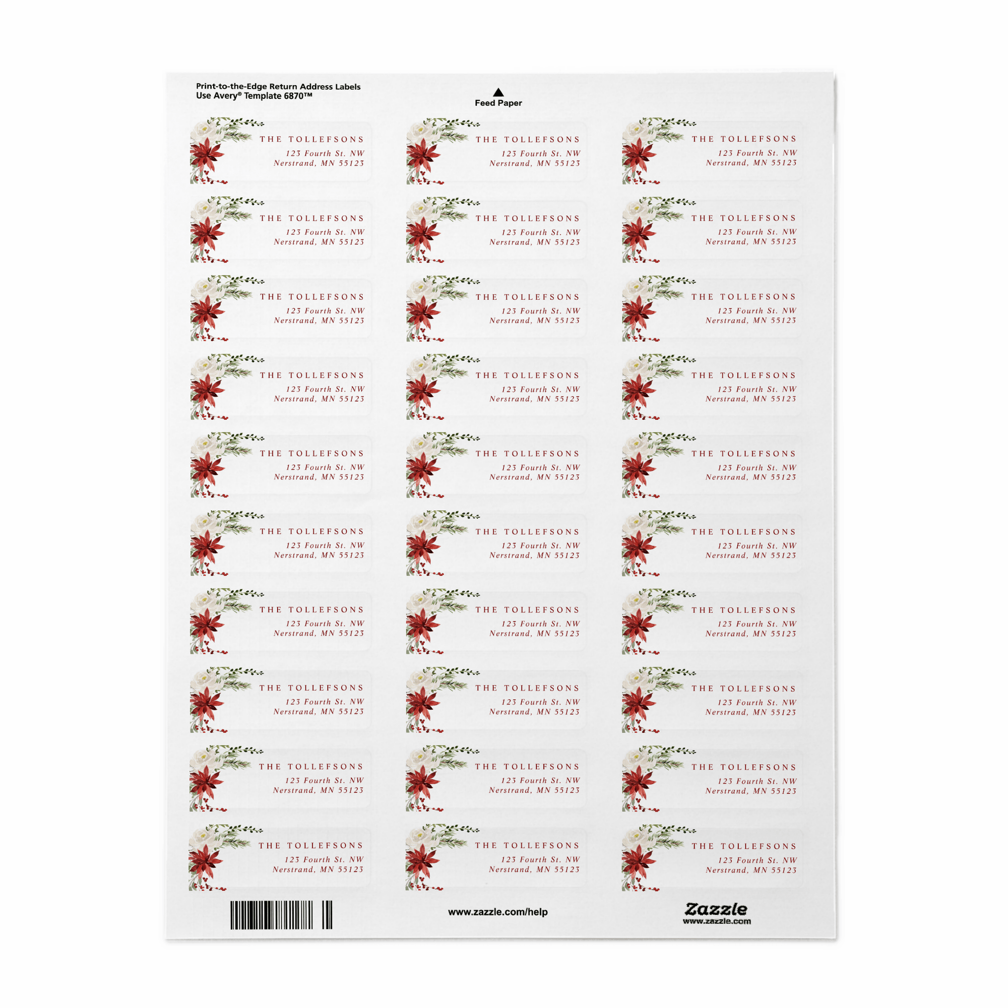 Sheet of address labels with floral Christmas design on a white background