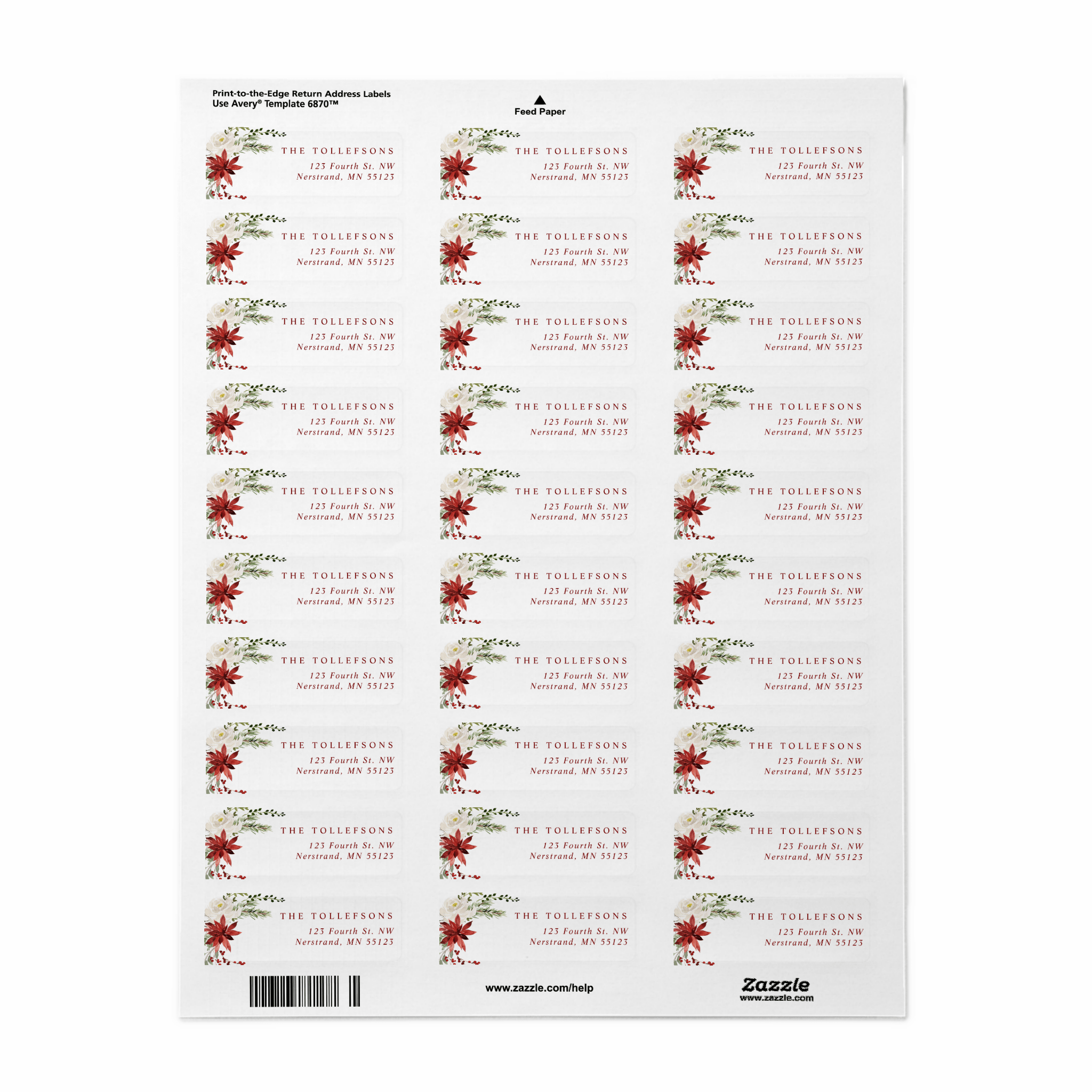 Sheet of address labels with floral Christmas design on a white background