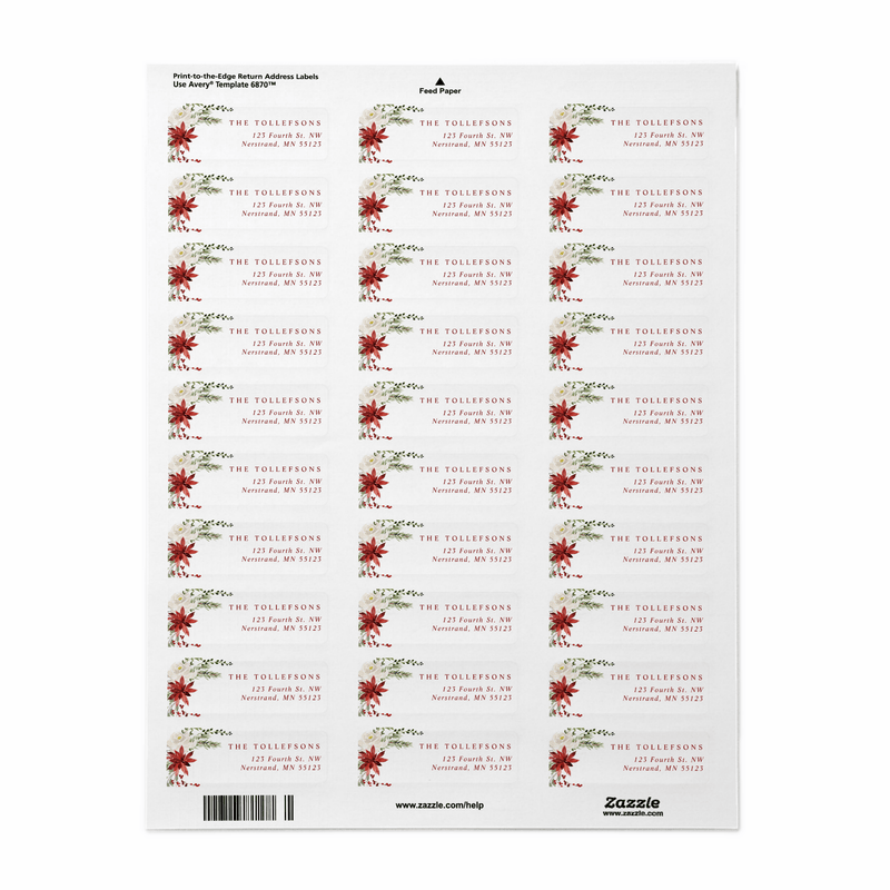 Sheet of address labels with floral Christmas design on a white background