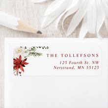 Elegant holiday return address label with watercolor poinsettias, holly berries, and greenery.