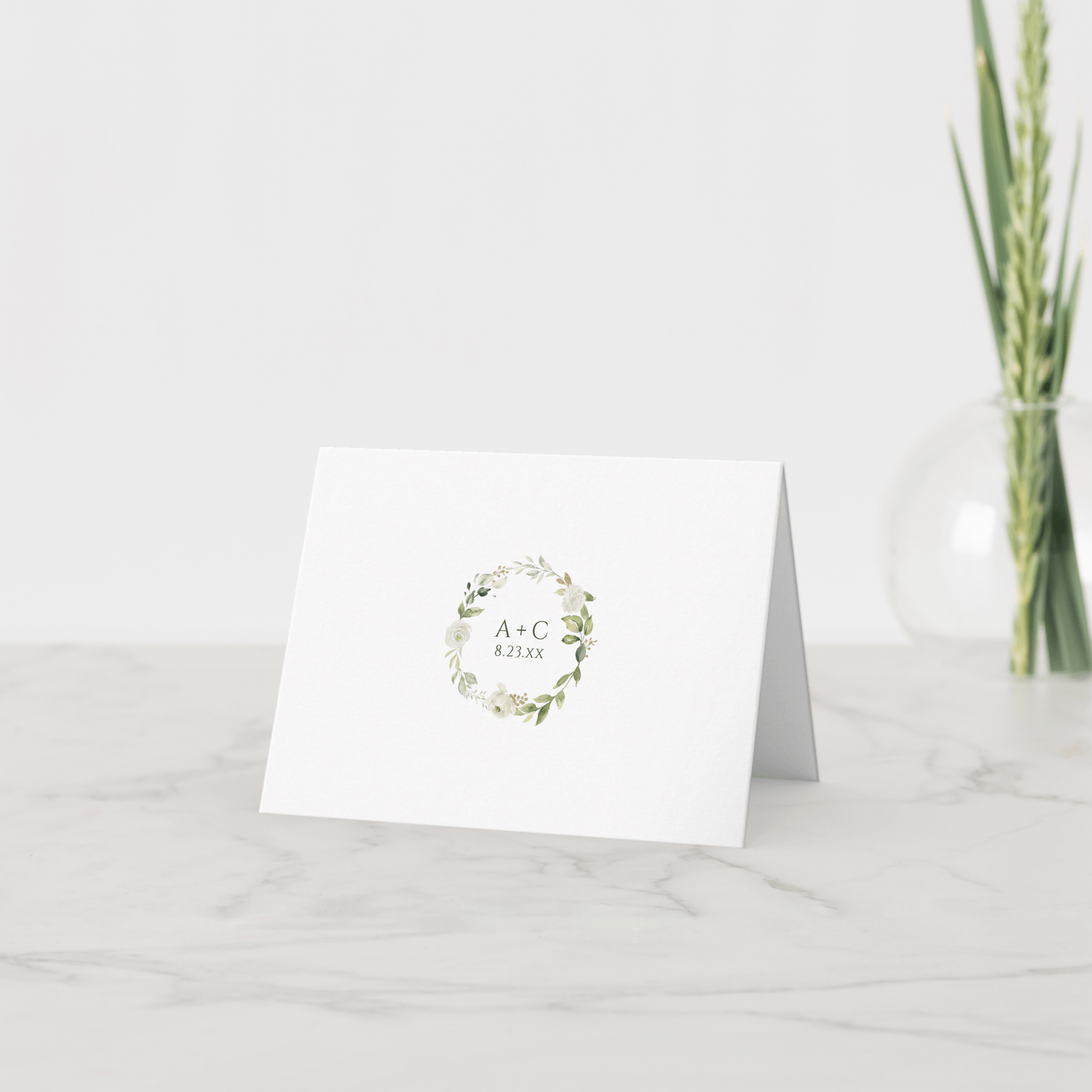 Custom printed white floral greenery thank-you card with watercolor flowers and elegant script