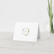 Custom printed white floral greenery thank-you card with watercolor flowers and elegant script