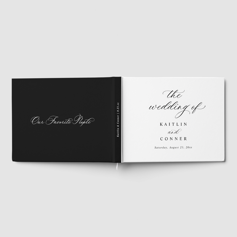 Wedding guest book in black and white with personalized names and formal typography
