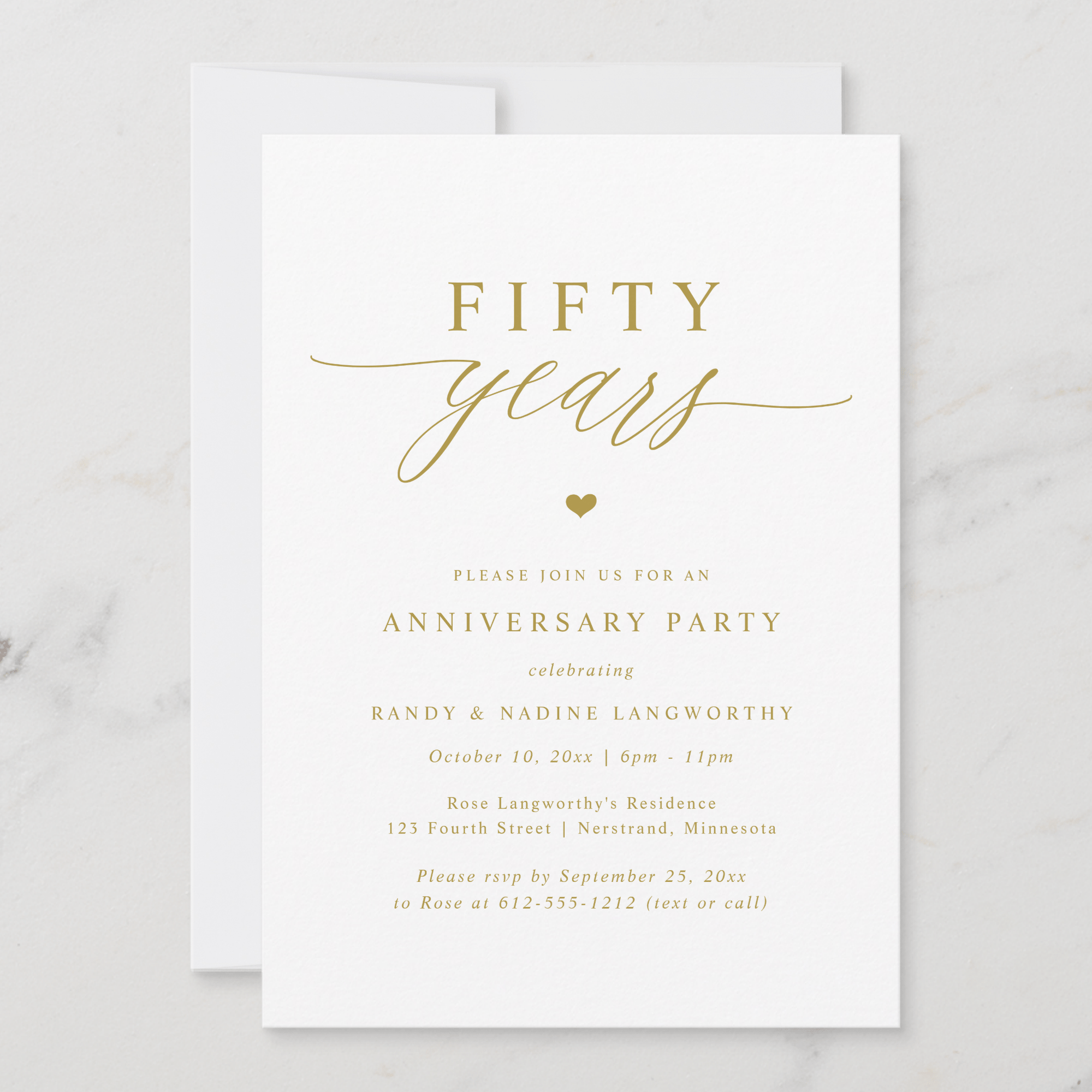 Modern 50th anniversary celebration invitation in gold with elegant script design