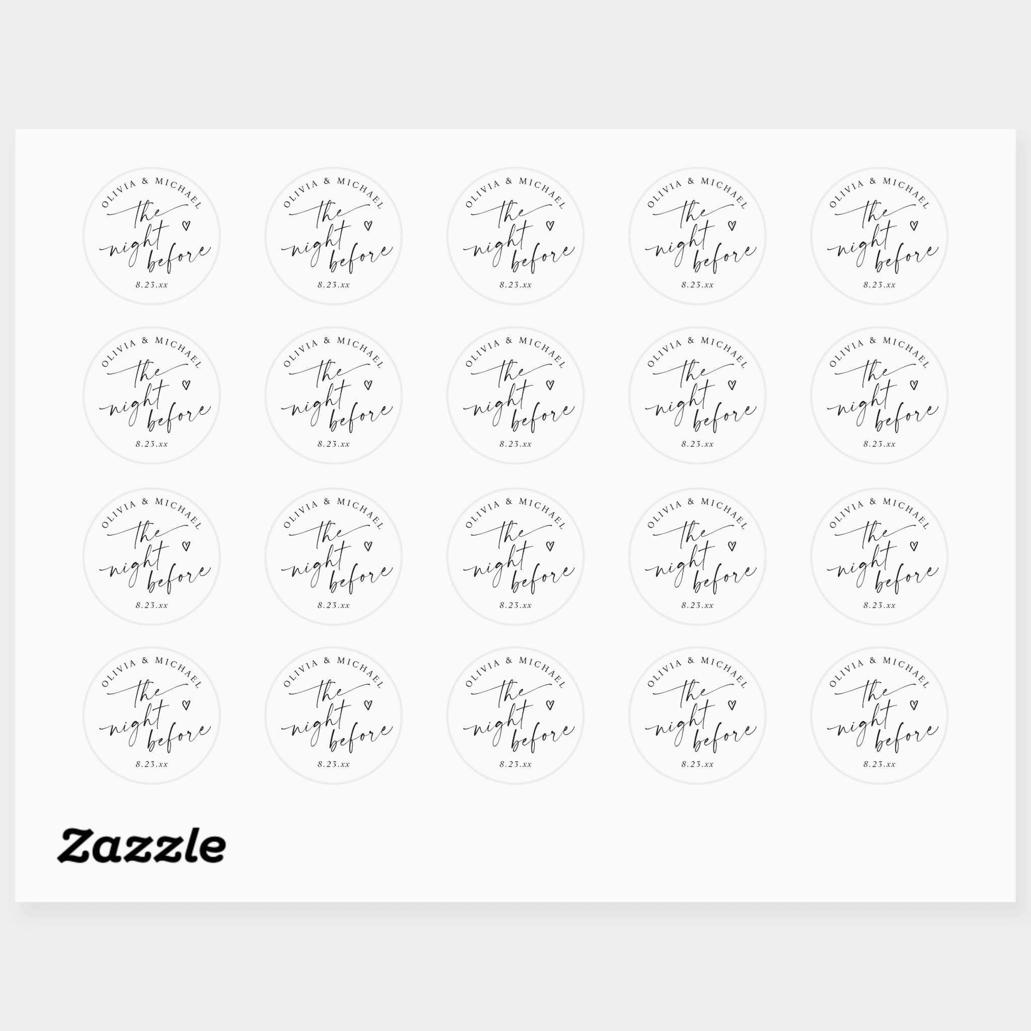 Modern rehearsal dinner stickers with romantic script, heart detail, and custom names