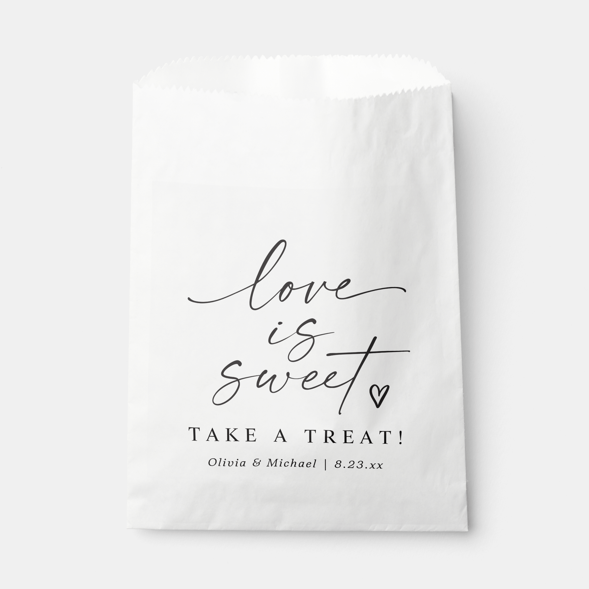 White favor bag with 'love is sweet' text and personalized details on a white background
