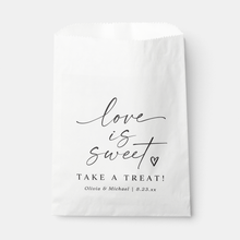 White favor bag with 'love is sweet' text and personalized details on a white background