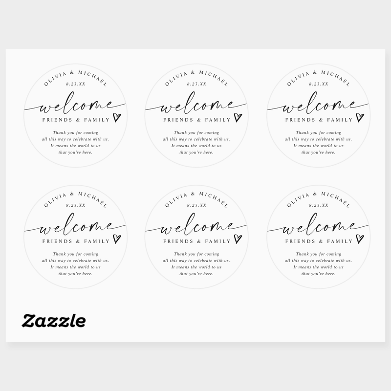 wedding hotel bag stickers that say "welcome friends & family" and are placed 6 per sheet.