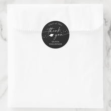 Graduation-themed thank you card with a black circle sticker on a white background