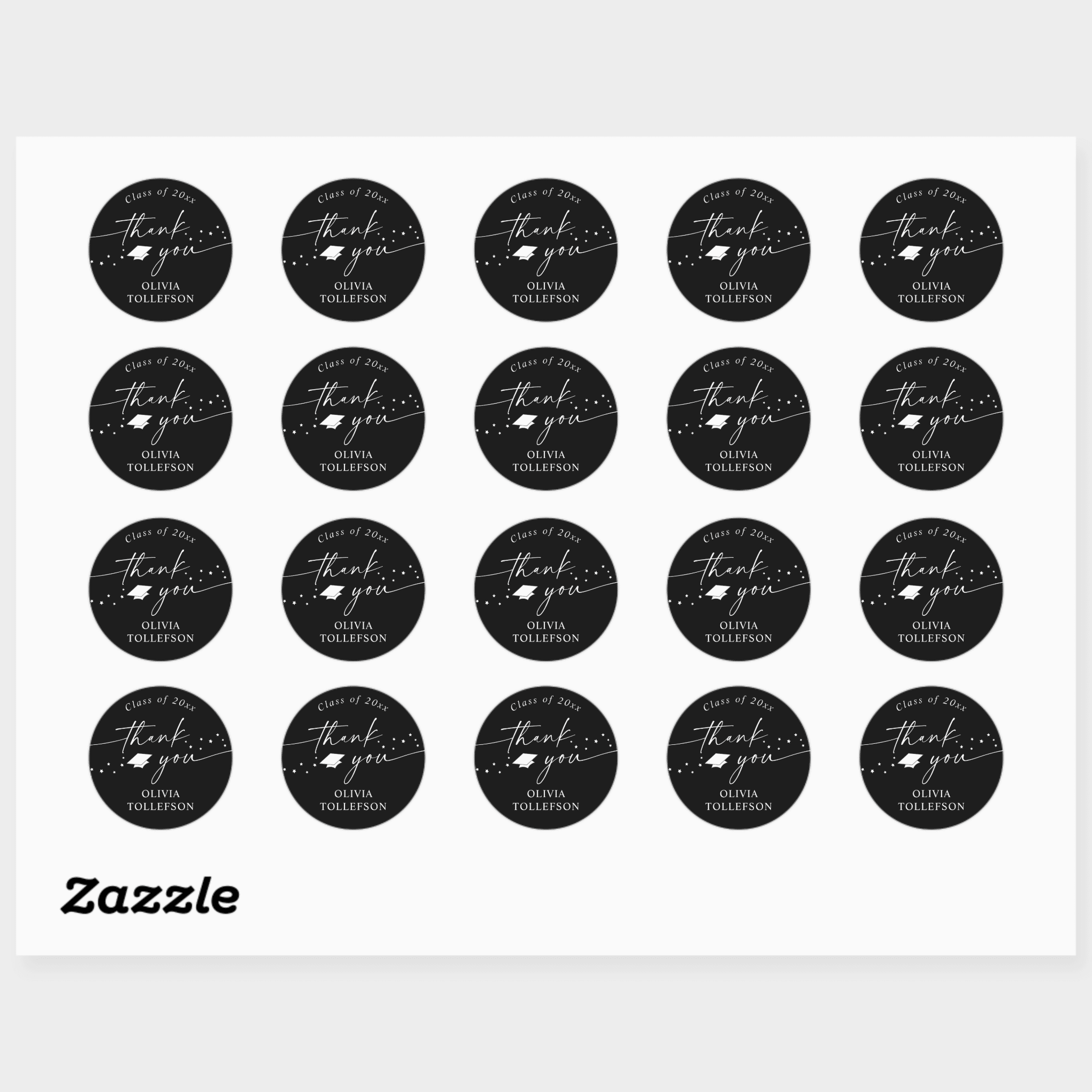 Sheet of black round stickers with 'thank you' text on a white background.