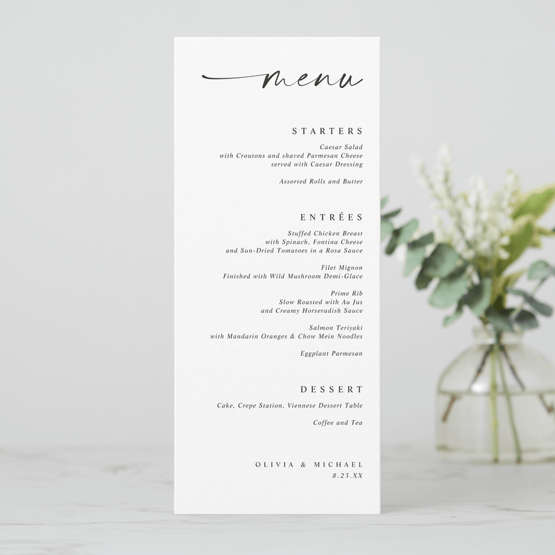 Printed menu card with a list of dishes on a light gray background with a vase of flowers.