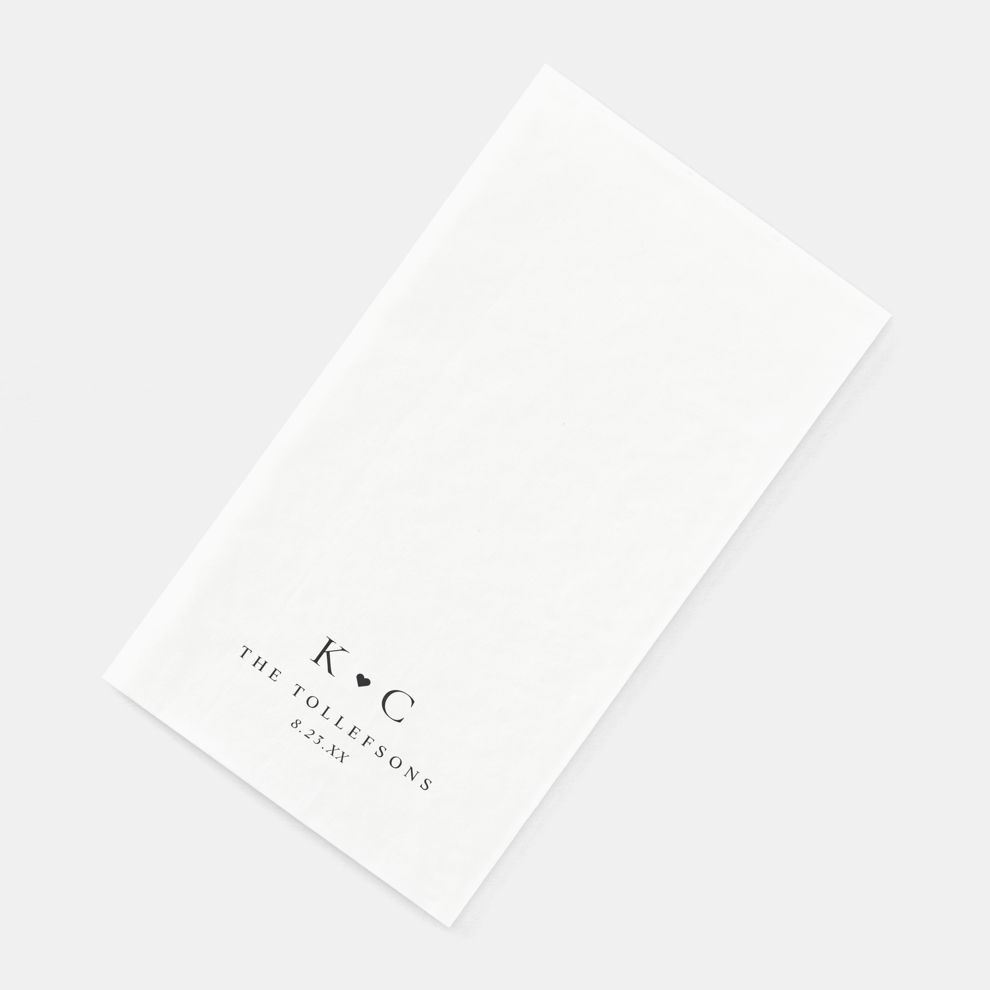 Personalized wedding restroom towel in white with minimalist design