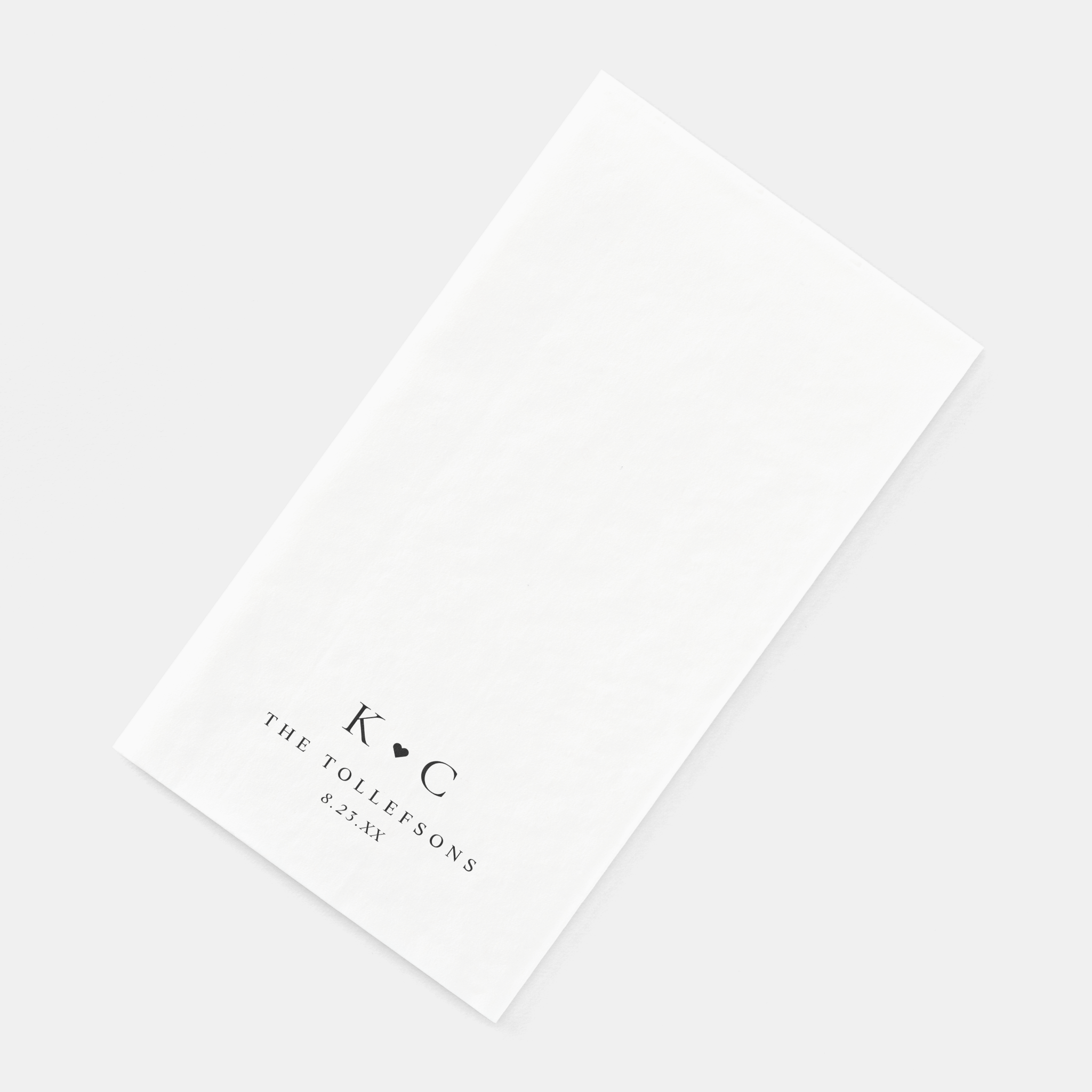 Personalized wedding restroom towel in white with minimalist design