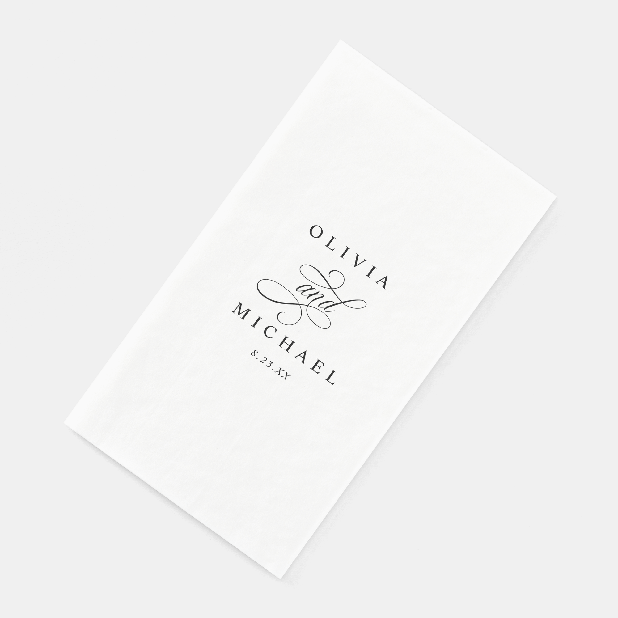 Disposable wedding bathroom towel ink printed with couple’s names and calligraphy “and”