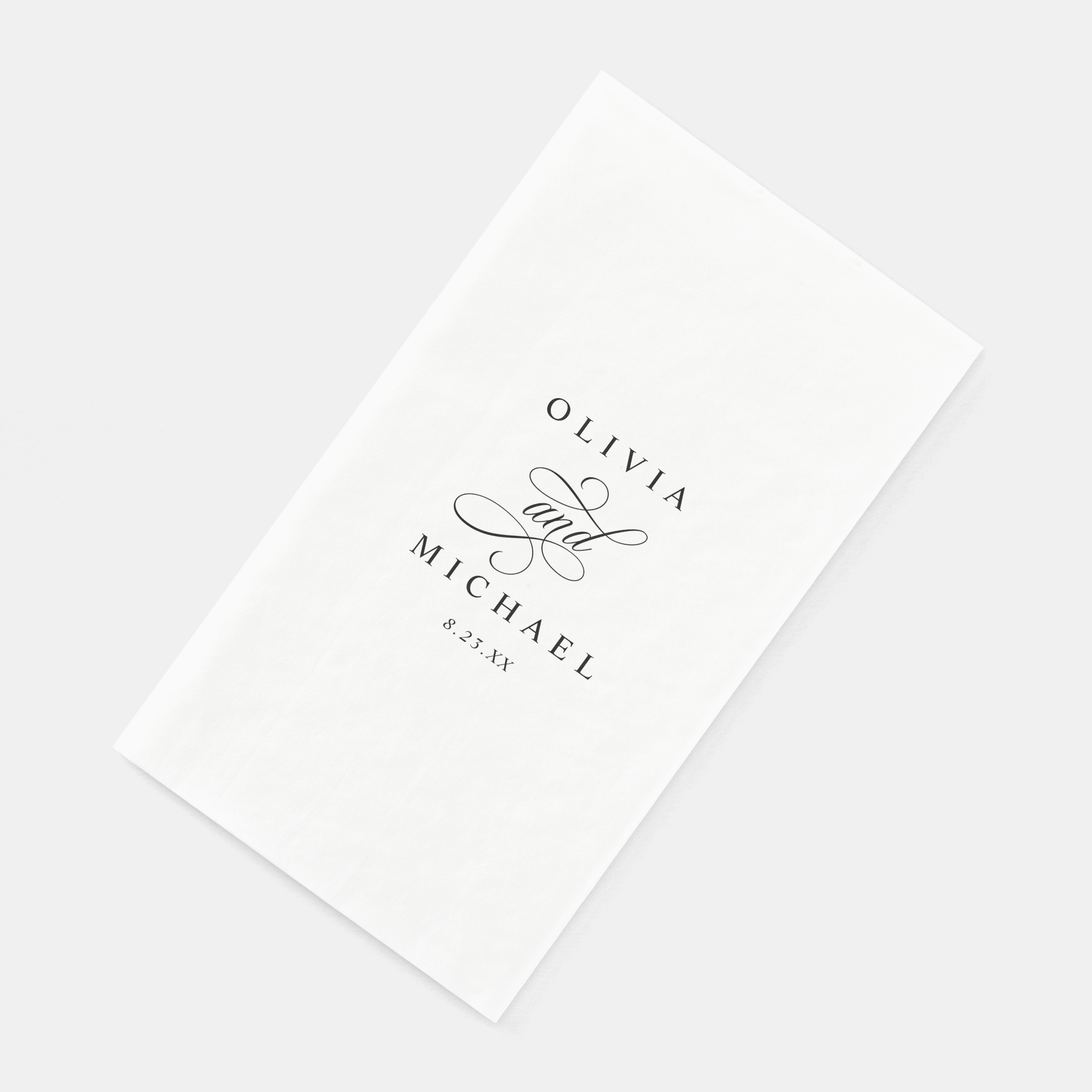 Disposable wedding bathroom towel ink printed with couple’s names and calligraphy “and”