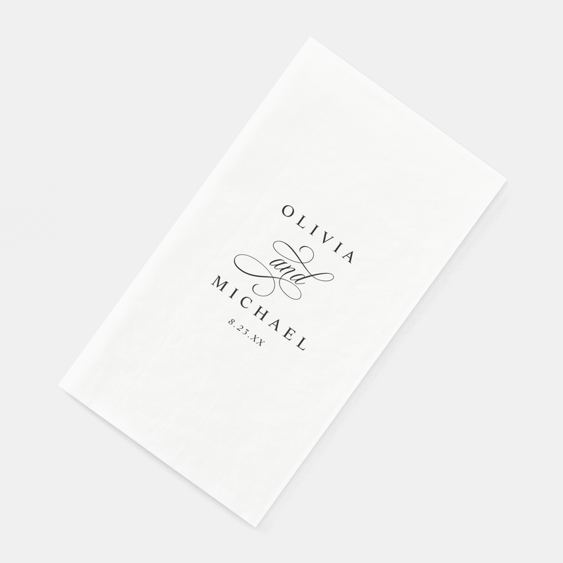 Disposable wedding bathroom towel ink printed with couple’s names and calligraphy “and”