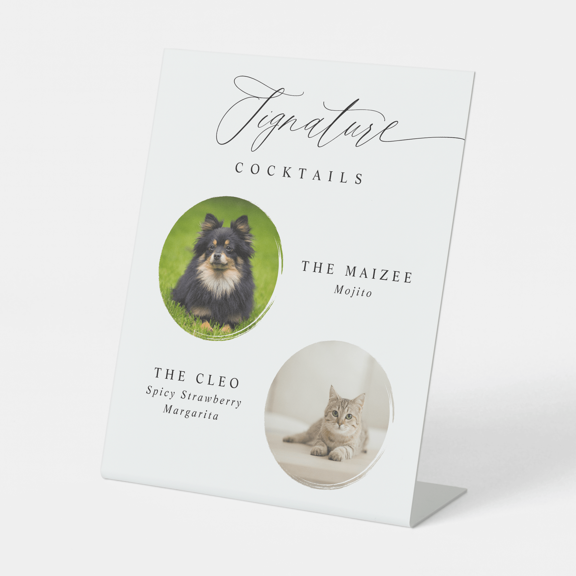 Cocktail menu with pet photos and names on a white background