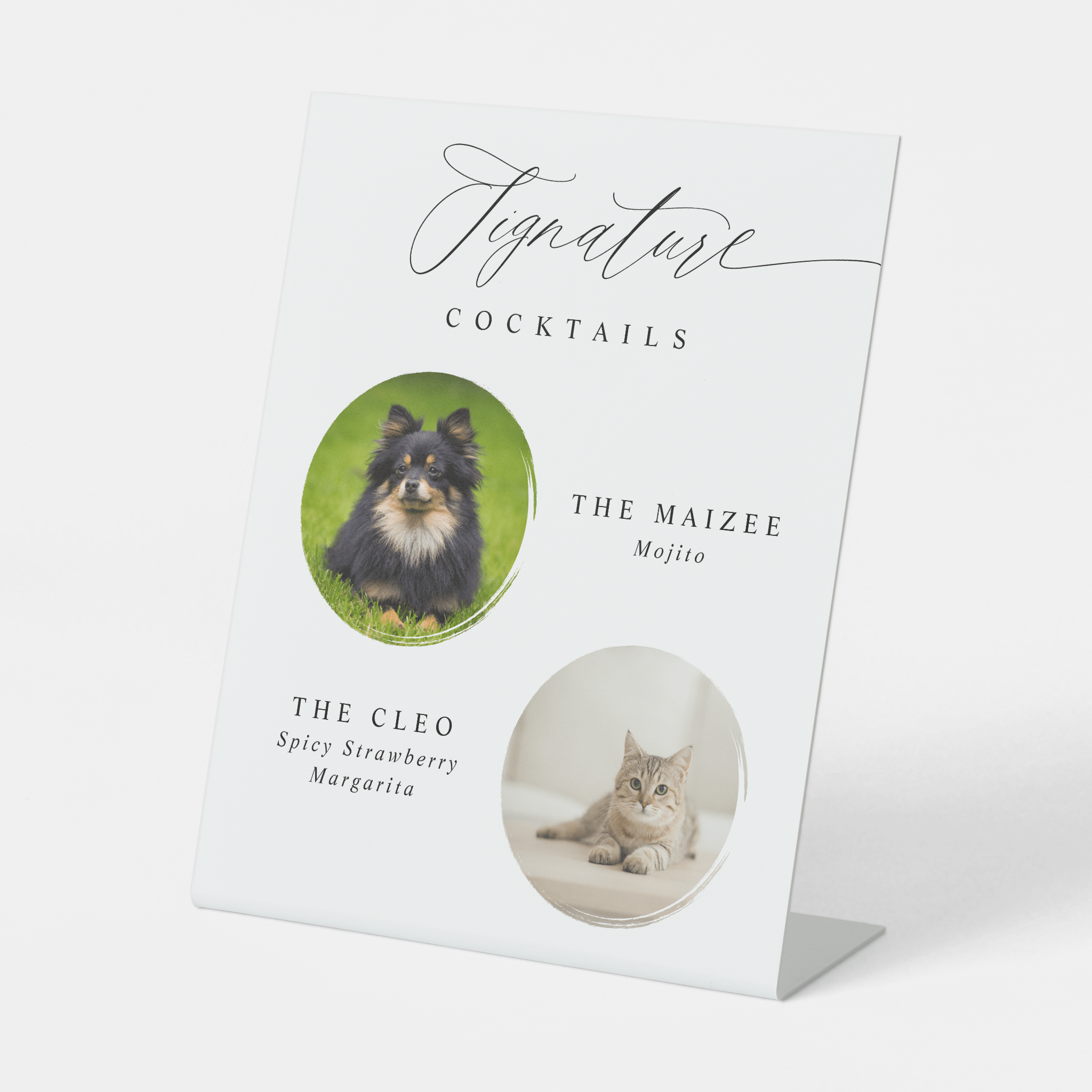 Cocktail menu with pet photos and names on a white background