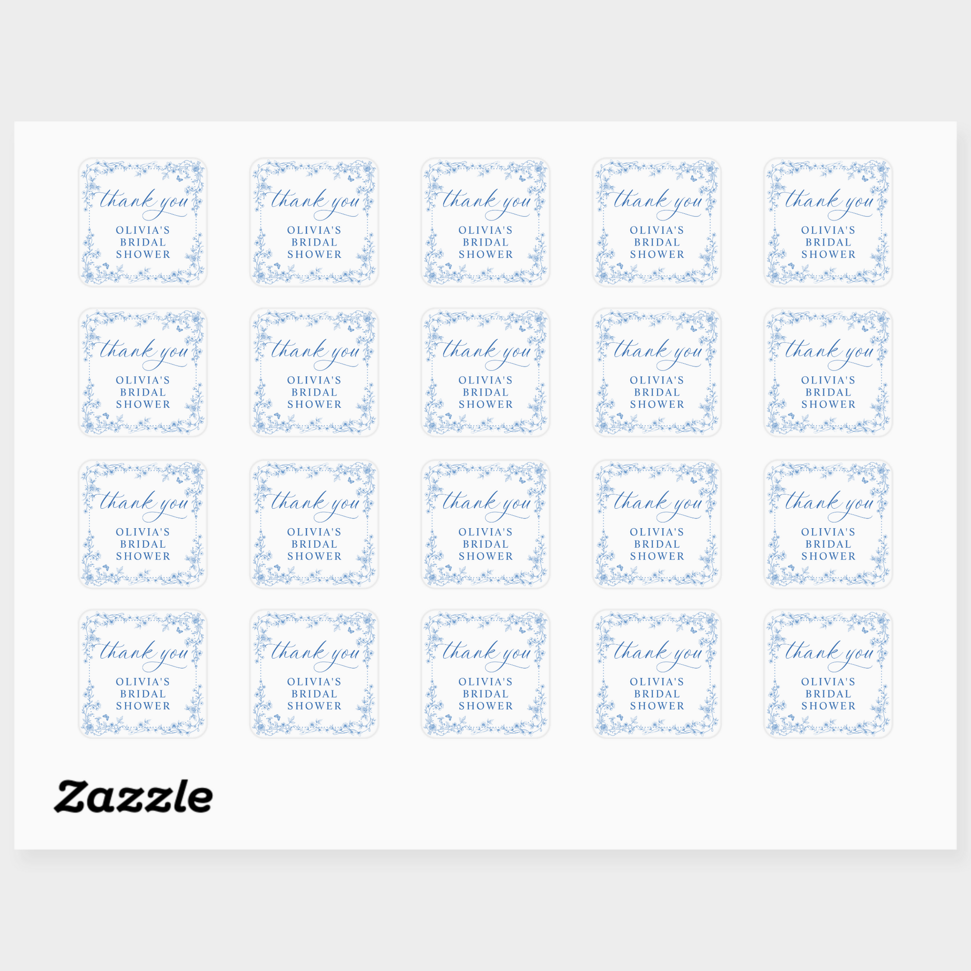 Sheet of personalized labels with 'thank you' text and decorative elements on a white background.