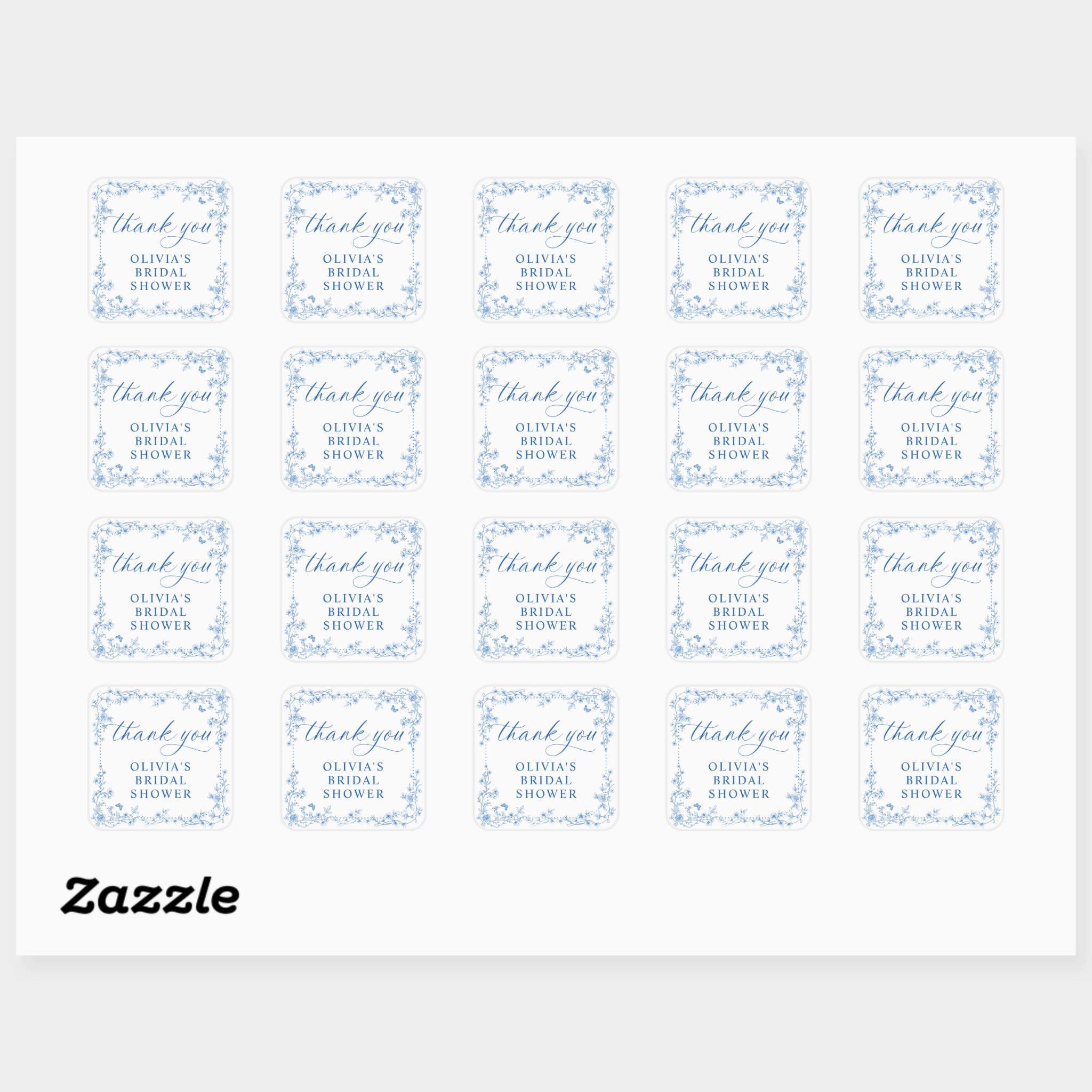Sheet of personalized labels with 'thank you' text and decorative elements on a white background.