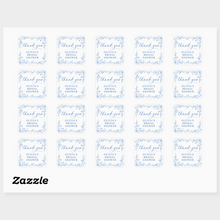 Sheet of personalized labels with 'thank you' text and decorative elements on a white background.