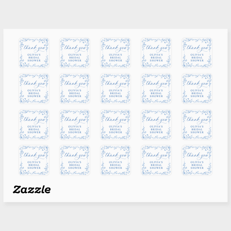 Sheet of personalized labels with 'thank you' text and decorative elements on a white background.