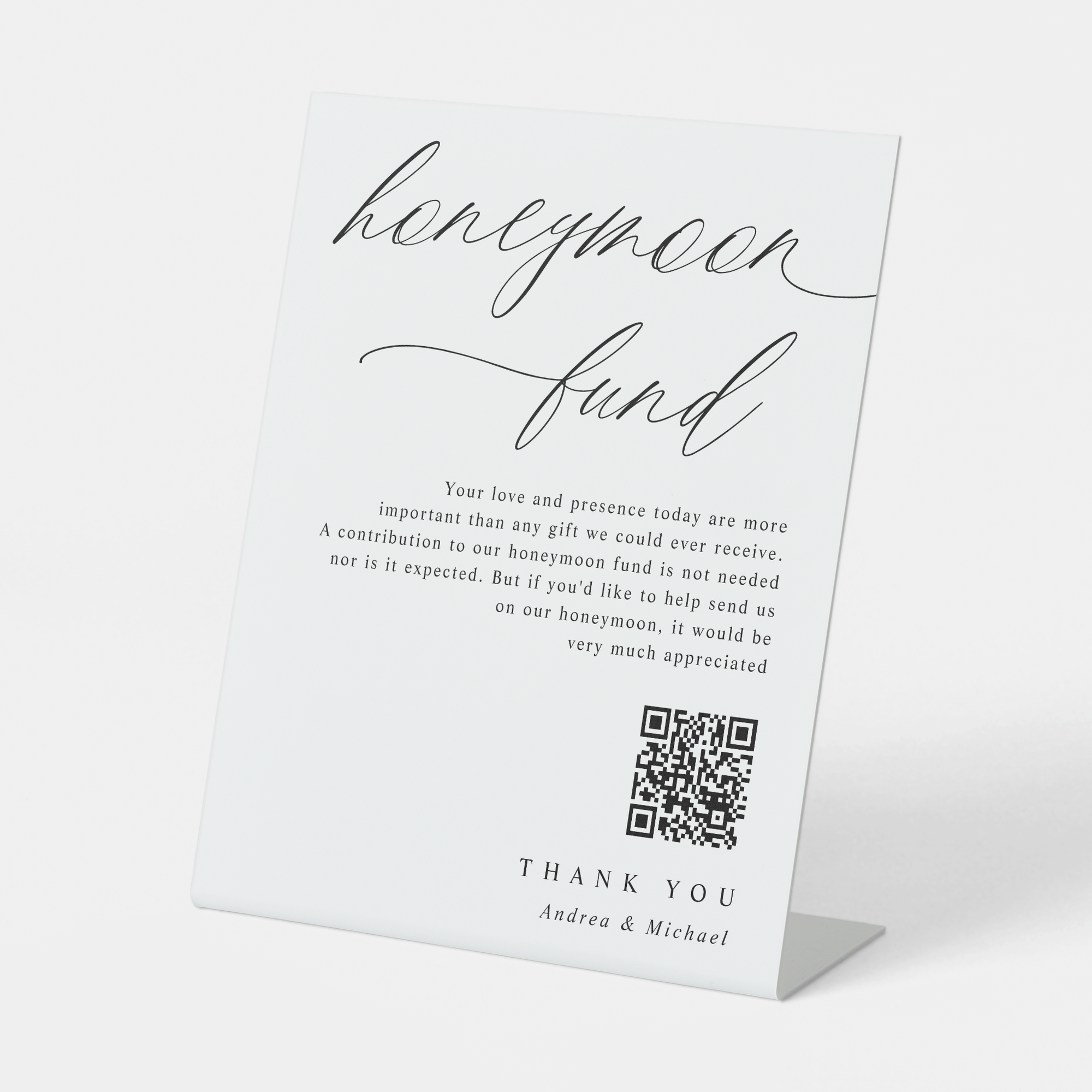 Elegant calligraphy honeymoon fund sign with QR code for wedding gifting.