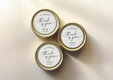 Set of 2-inch personalized round stickers with “a sweet thank you” message, printed in elegant script, perfect for wedding jars, bags, or boxes.