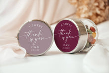 Custom circle wedding favor stickers reading “a sweet thank you,” shown on jars, available in multiple colors, personalized with initials and date.