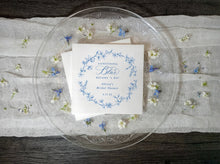Blue and white wildflower bridal shower napkins with French toile and calligraphy text