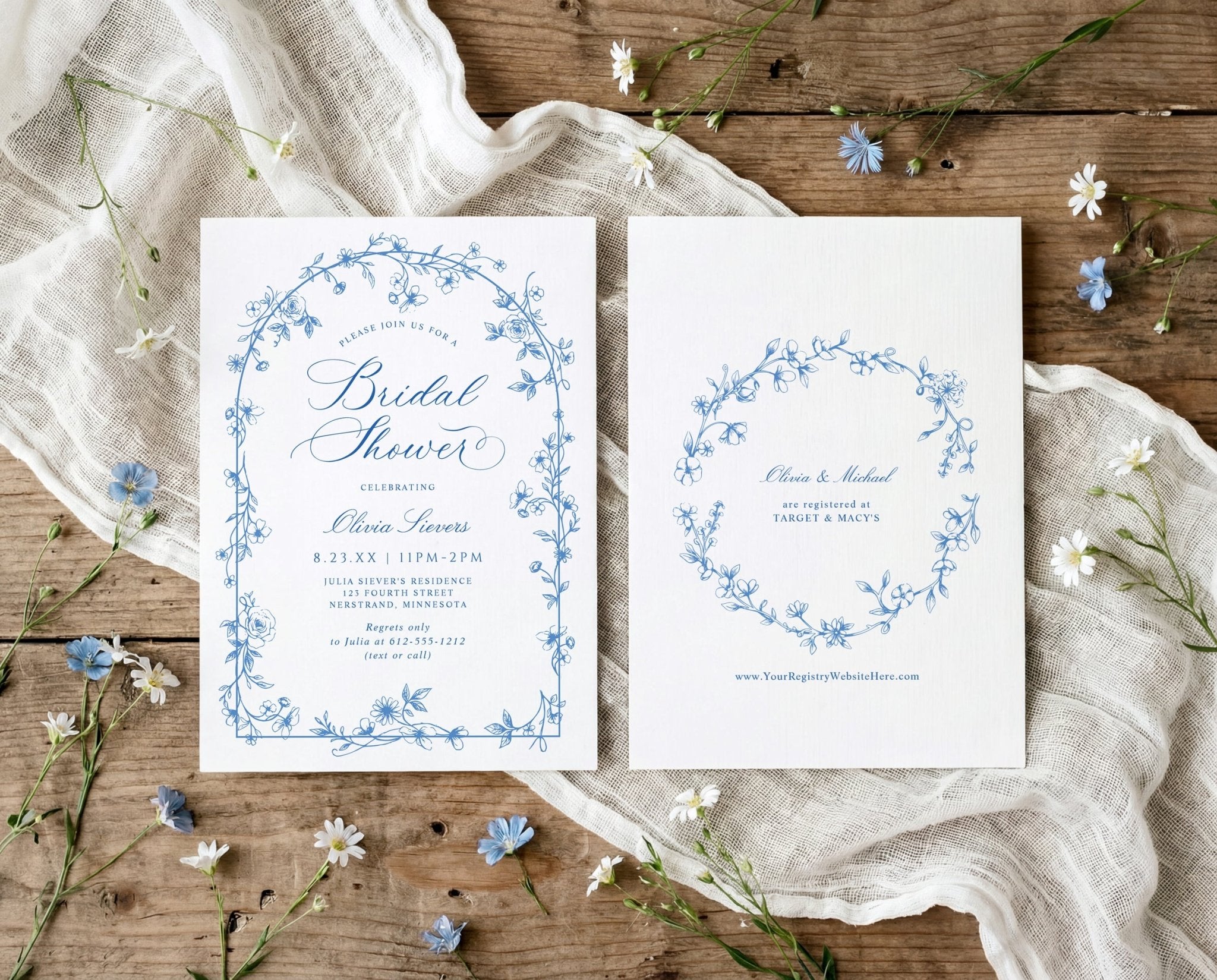Blue and white wildflower bridal shower invitation with French toile floral arch