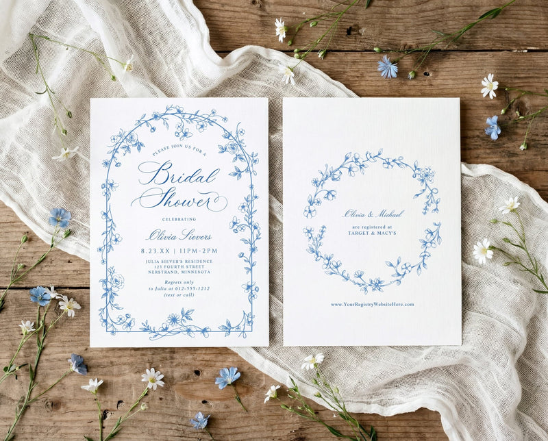Blue and white wildflower bridal shower invitation with French toile floral arch