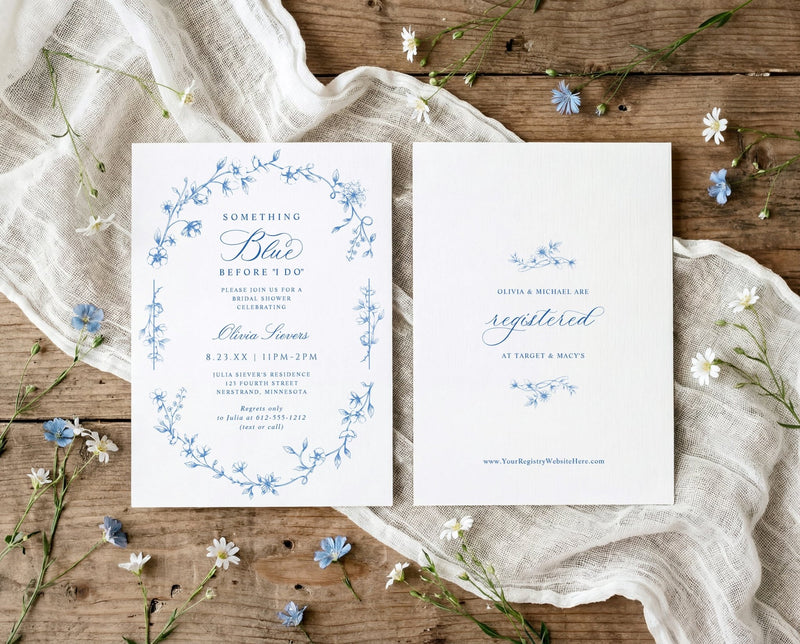 Blue and white wildflower bridal shower invitation with French toile oval frame and calligraphy