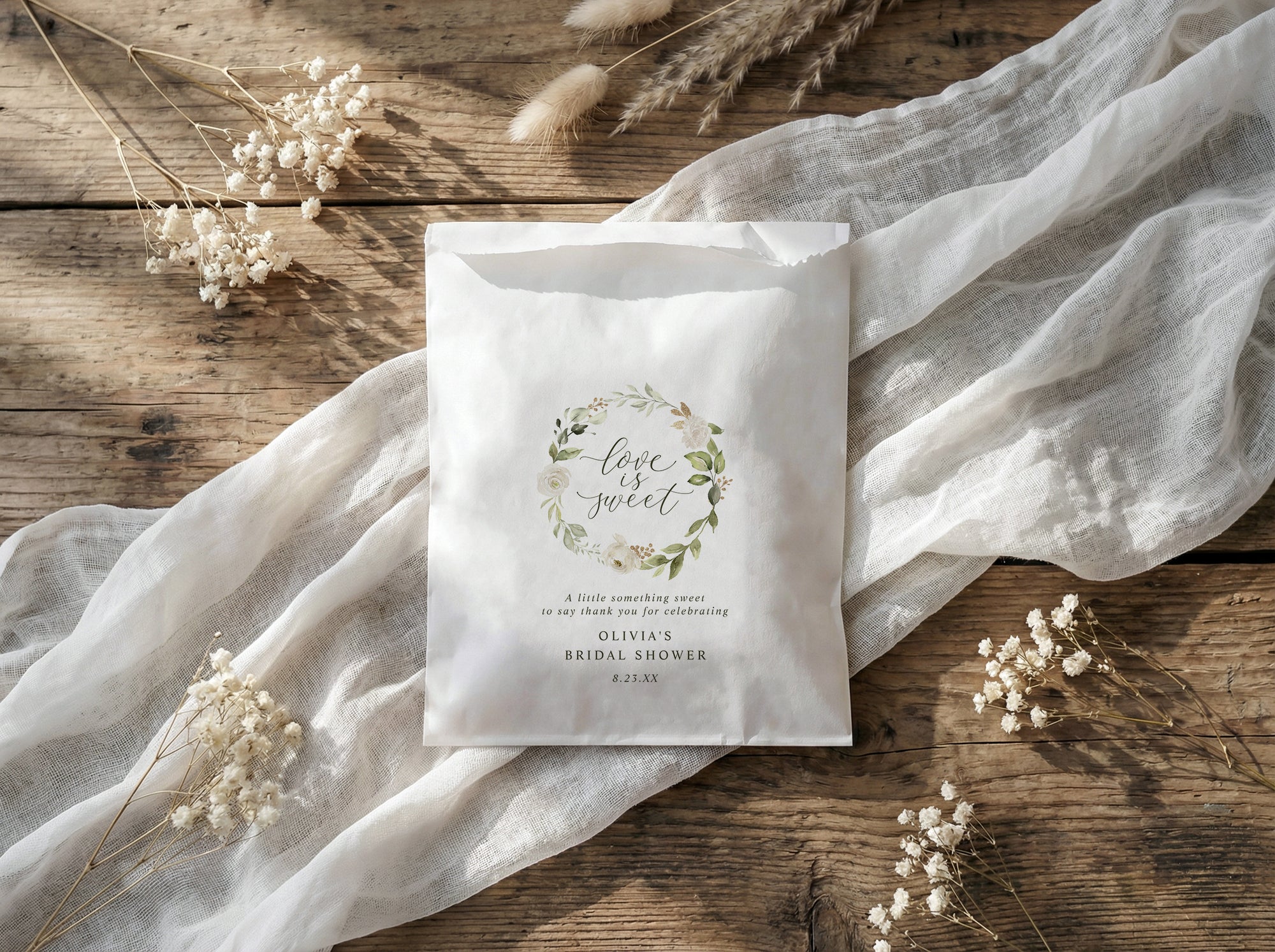Floral greenery bridal shower favor bags with love is sweet script and wreath design