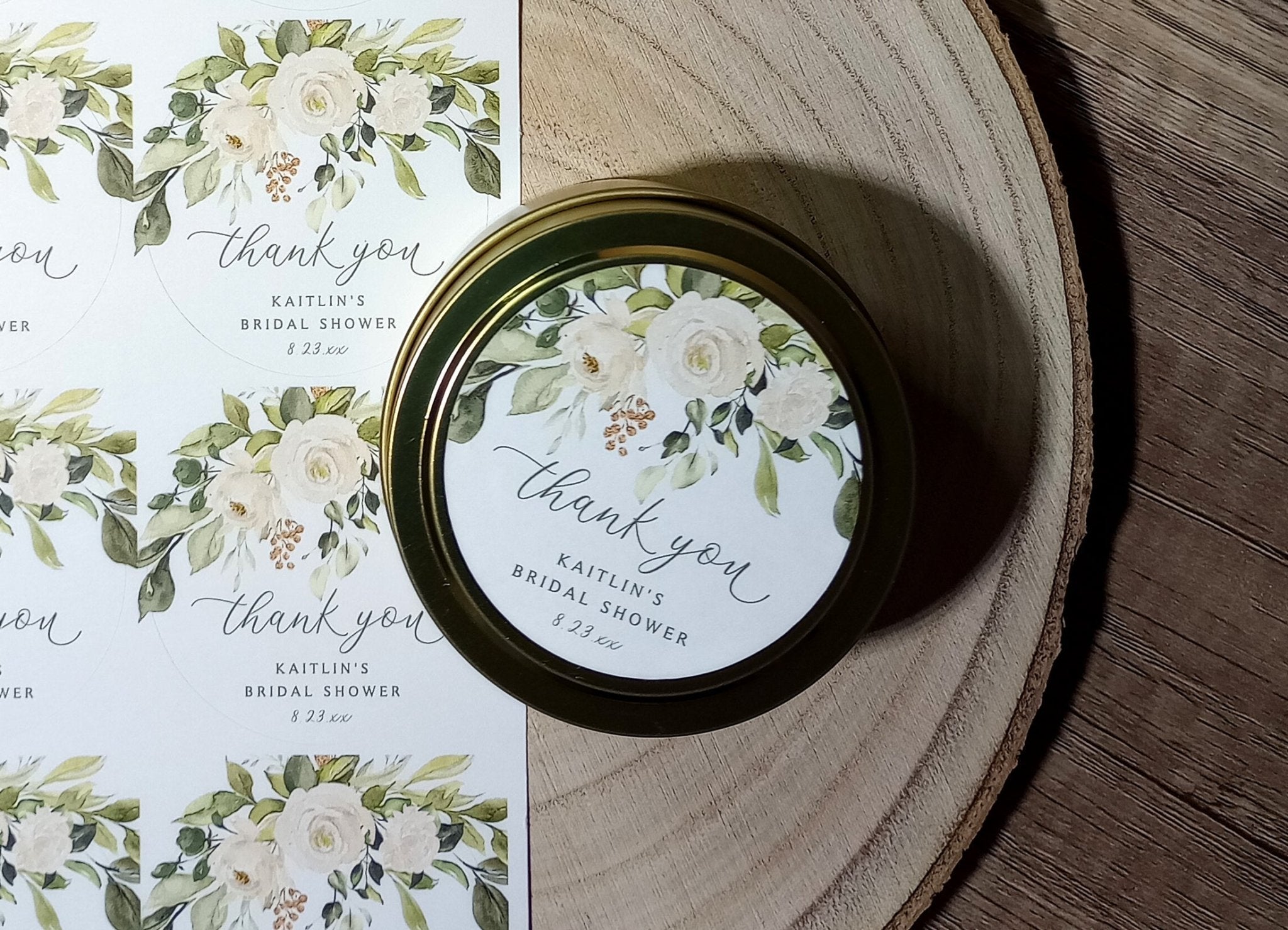 bridal shower favor sticker sheet with white floral and sage greenery design